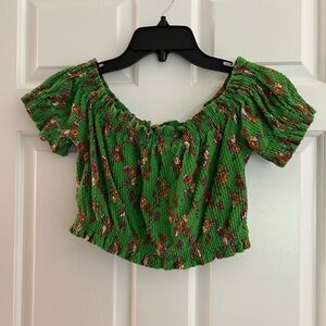 TOPSHOP green and pink floral textured fabric crop top